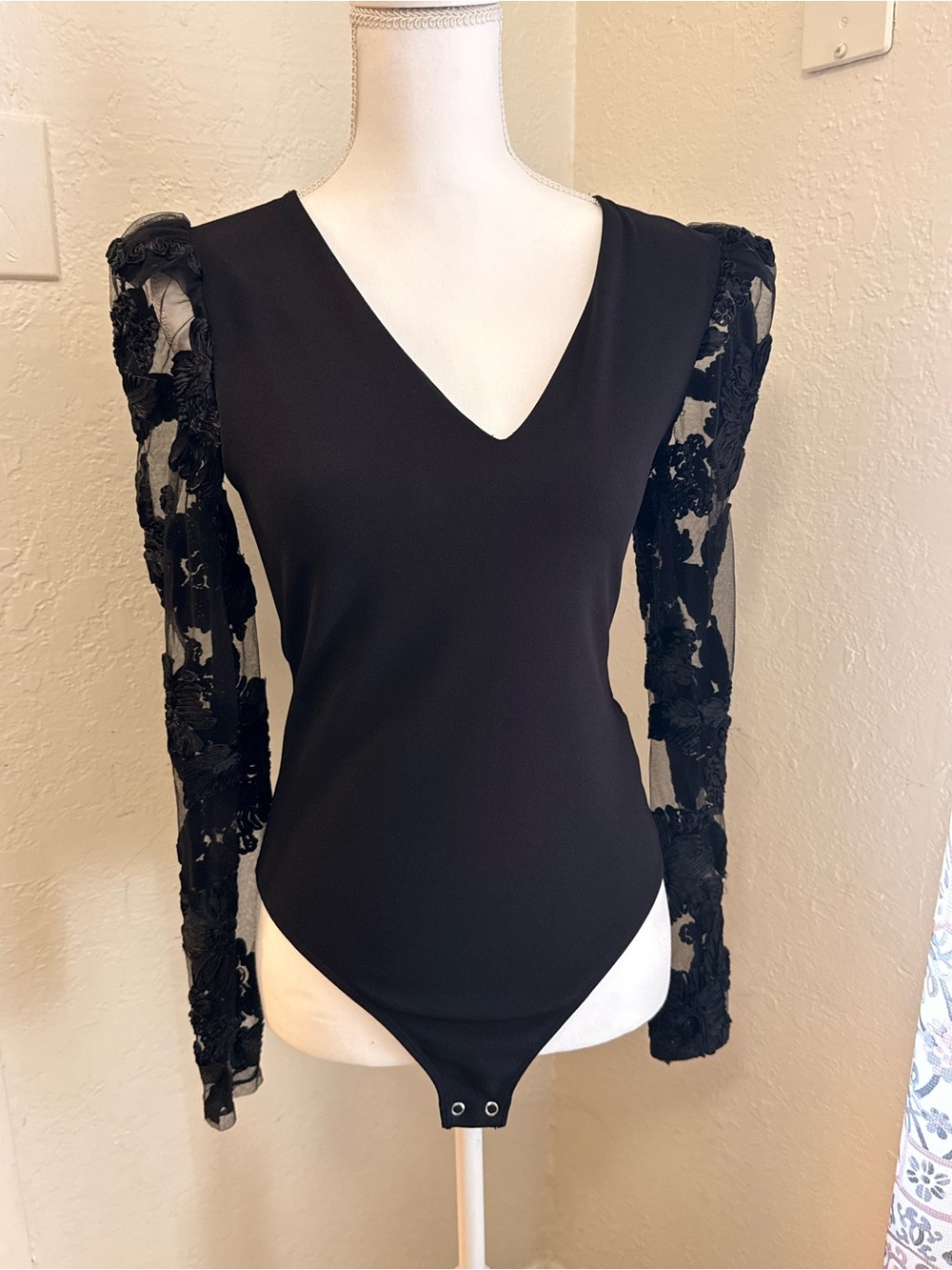 Express Black V-Neck Bodysuit with Floral Mesh Sleeves